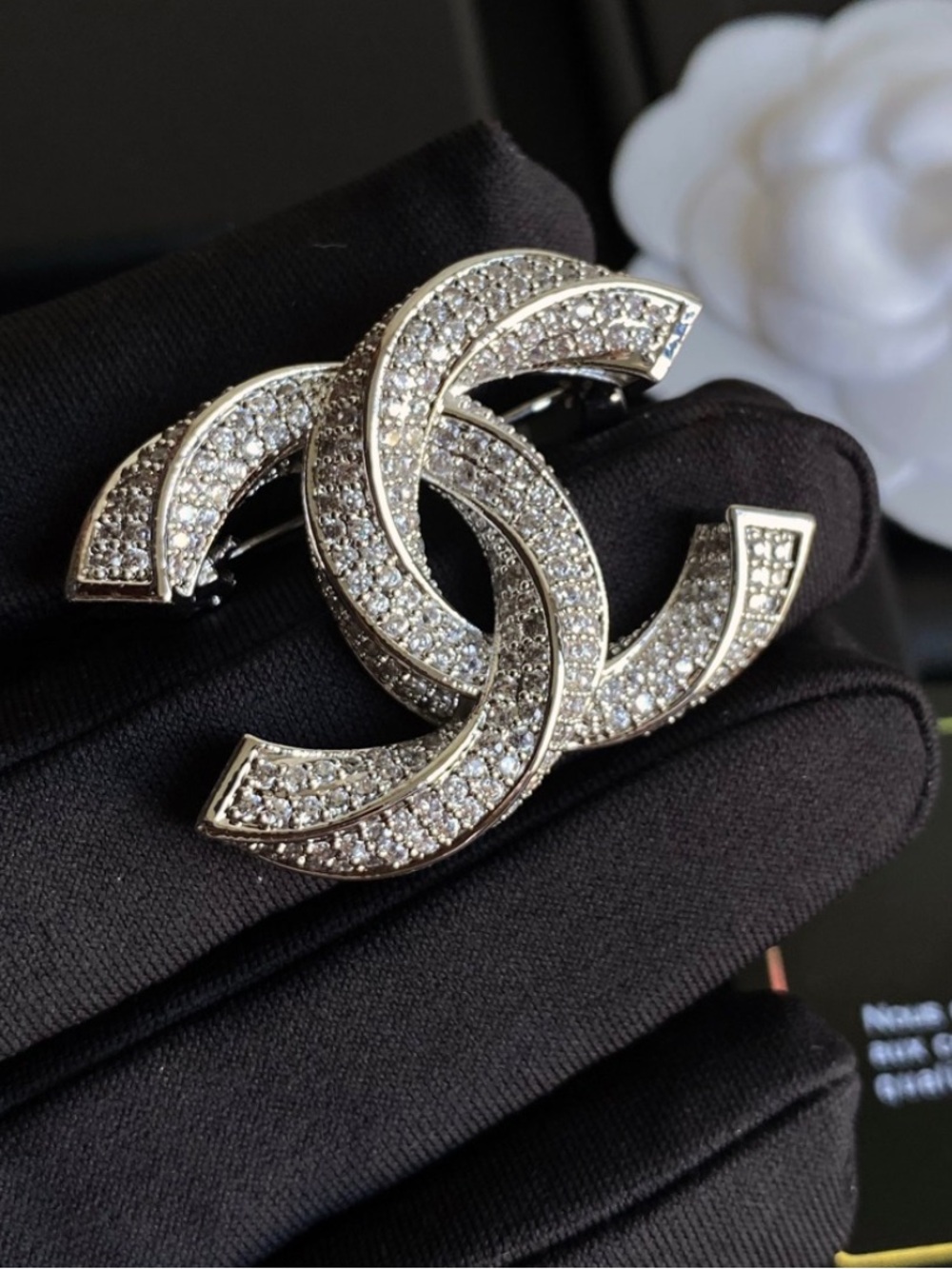 Double C Designer Silver Tone Rhinestone Detail Letter Logo Brooch
